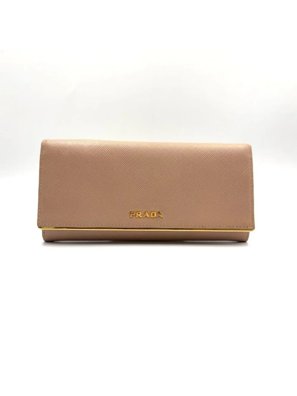 Prada Saffiano Metal Bifold Leather Pink Beige Wallet Gold